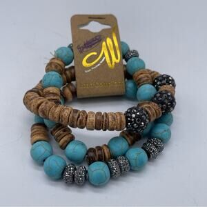 NWT, Beaded Stretchy Bracelet Set. Glitzy, Brown and Teal. Three Strands